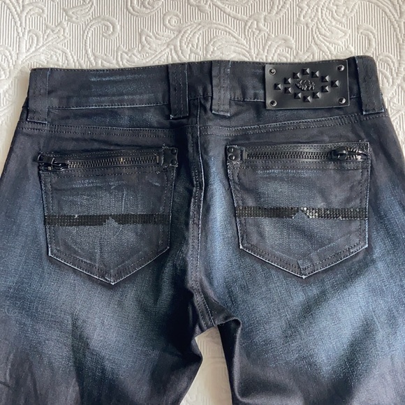 Buffalo LowRise Rocker black Stretch straight leg Jeans 28 rips black rhinestone - Picture 3 of 9